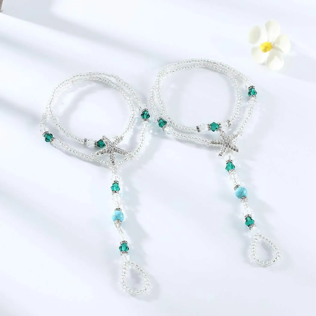 Aularso Layered Anklet Rhinestones Barefoot Sandals Starfish Ankle Bracelets Turquoise Ring Foot Chain Beach Feet Jewelry for Women and Girls( 2PCS)