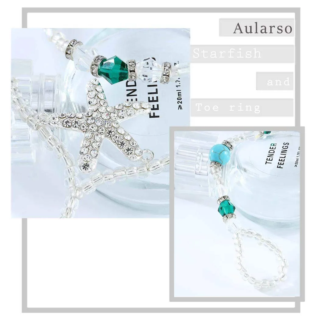 Aularso Layered Anklet Rhinestones Barefoot Sandals Starfish Ankle Bracelets Turquoise Ring Foot Chain Beach Feet Jewelry for Women and Girls( 2PCS)