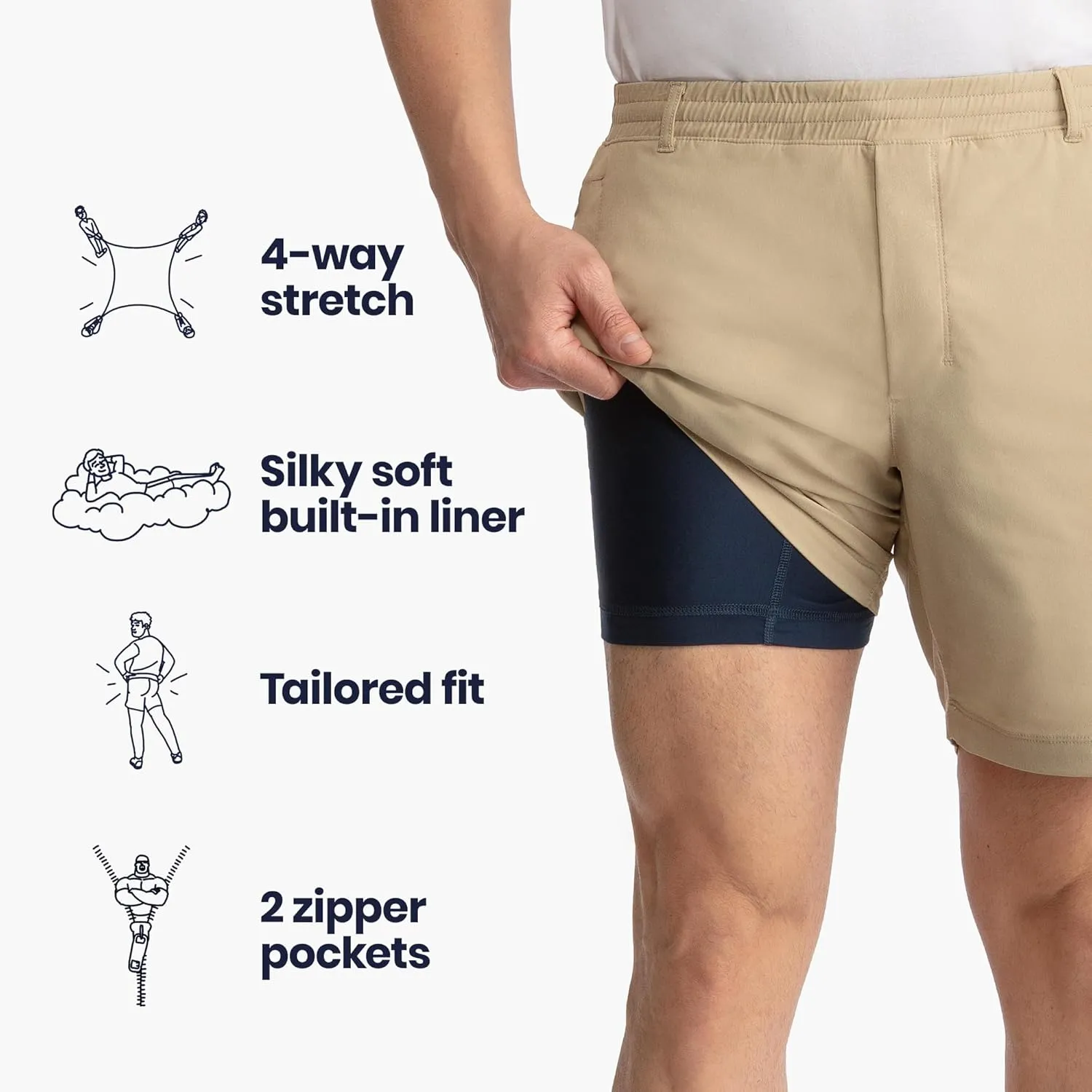 birddogs Mens Khaki Shorts ?C Casual, Slim Fit, Stretch Shorts with Built-in Liner for Comfort ?C Regular Length, 7?? Inseam