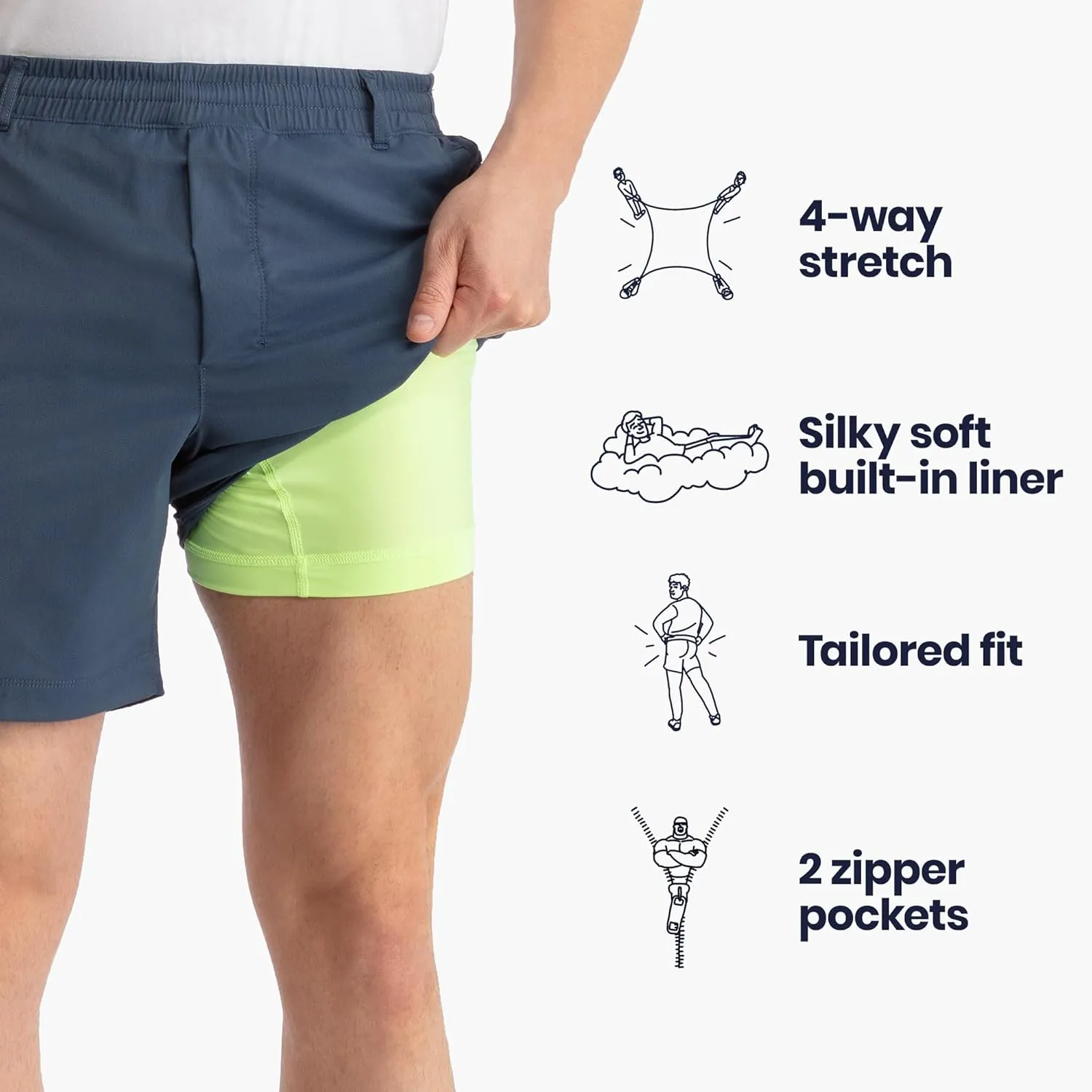 birddogs Mens Khaki Shorts ?C Casual, Slim Fit, Stretch Shorts with Built-in Liner for Comfort ?C Regular Length, 7?? Inseam
