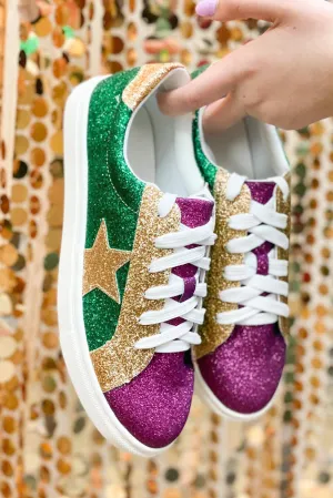 Blackish Green Mardi Gras Glitter Colorblock Lace up Flat Shoes