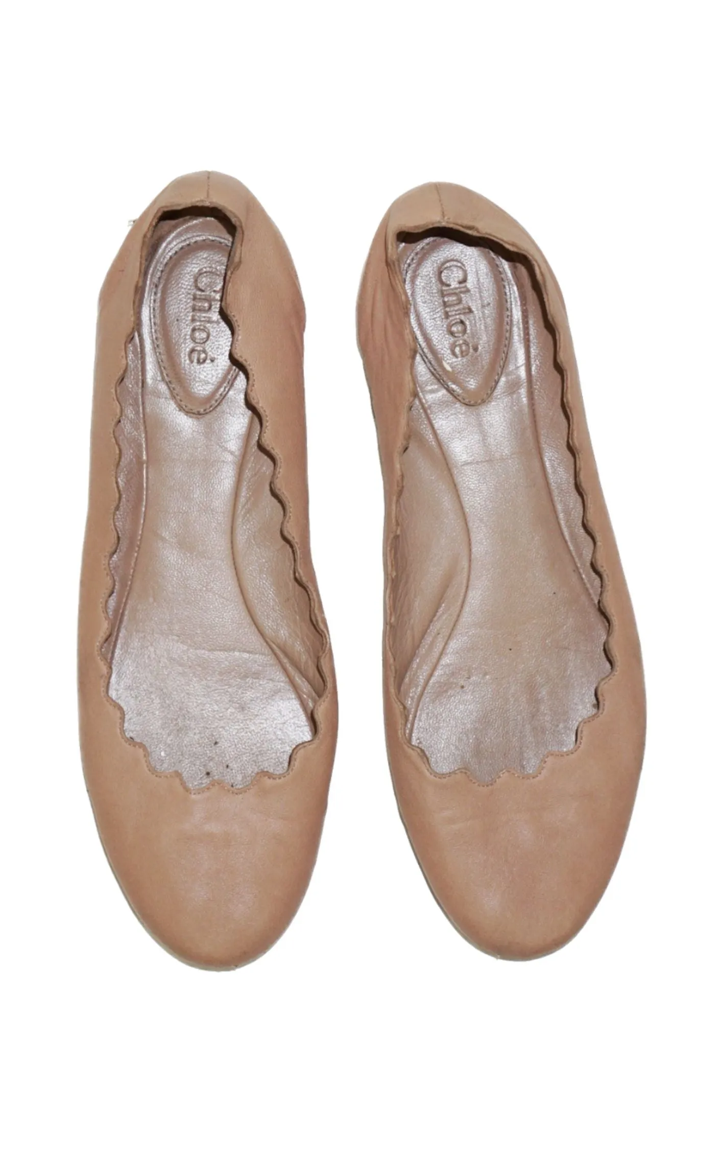 CHLOE Lauren Scalloped Beige Leather Flats