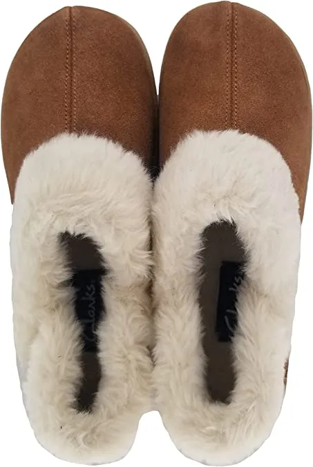 Clarks Indoor and Outdoor Tan Slipper Cozy Wool Mule Slip-On Fur Lined Clogs