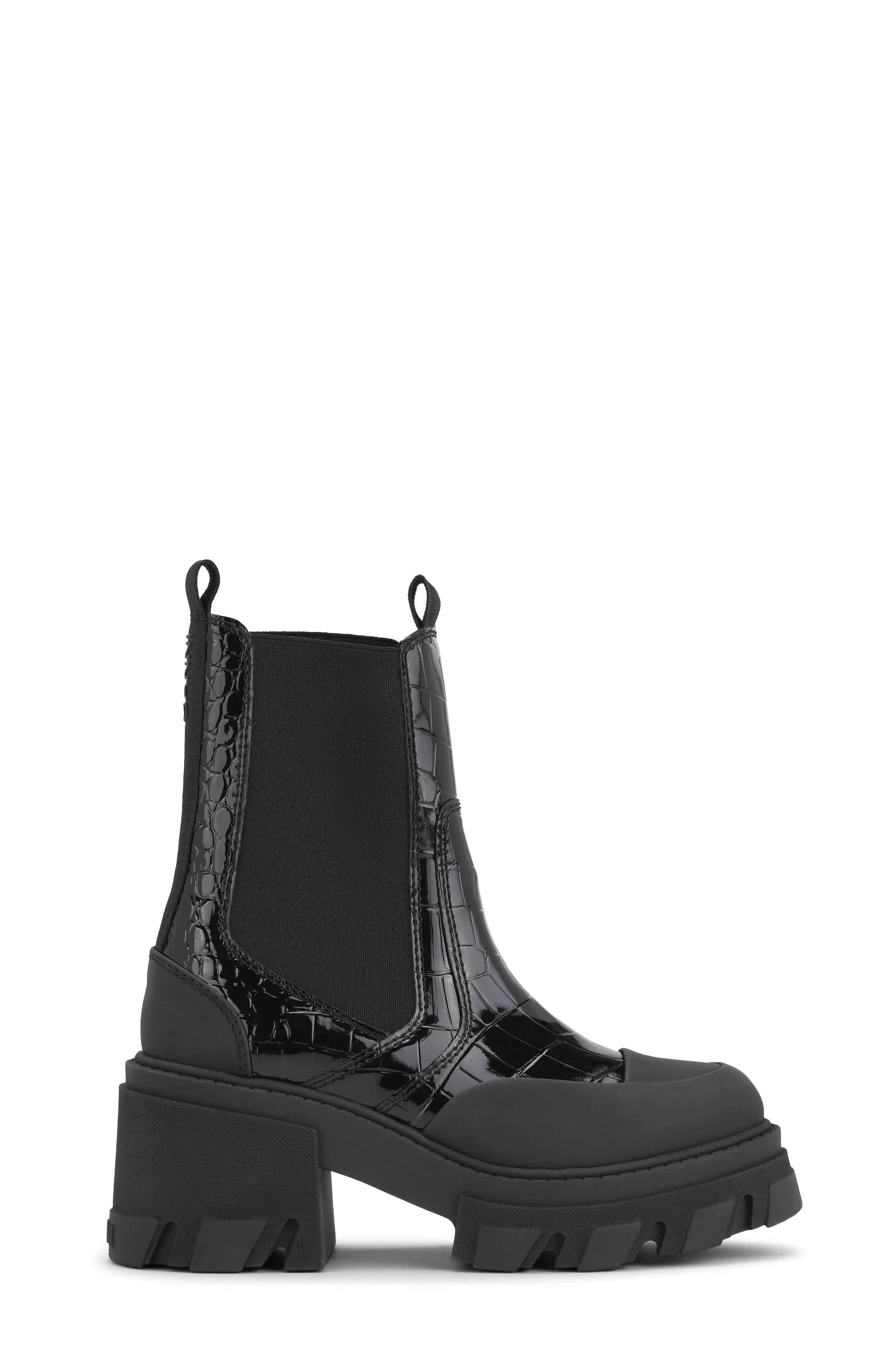 Cleated Heeled Mid Chelsea Boot Patent Croco - Black