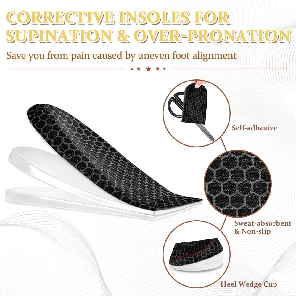 Corrective Insoles for Supination & Over-Pronation, Orthotics Medial & Lateral Heel Wedge Inserts for Foot Alignment, Bow Legs, Knee Pain (Black-3 Layers, L: Women 8-12/Men: 7.5-13)