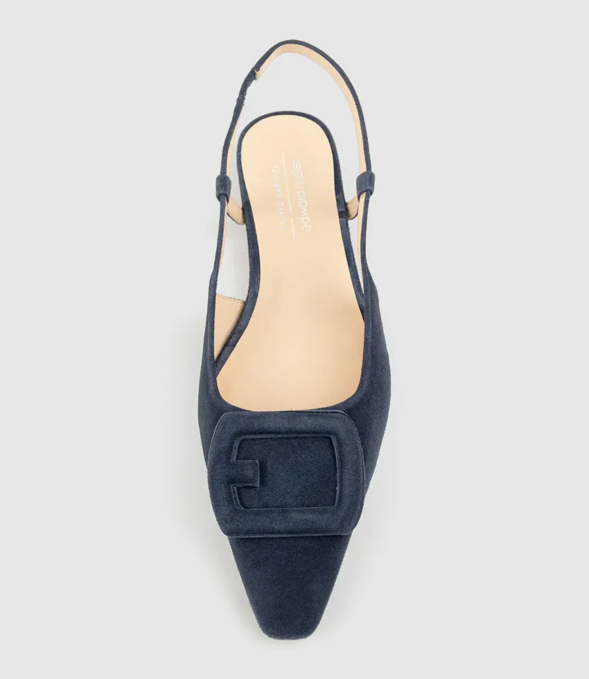 DESLING Flat Slingback with Ornament in Navy Suede