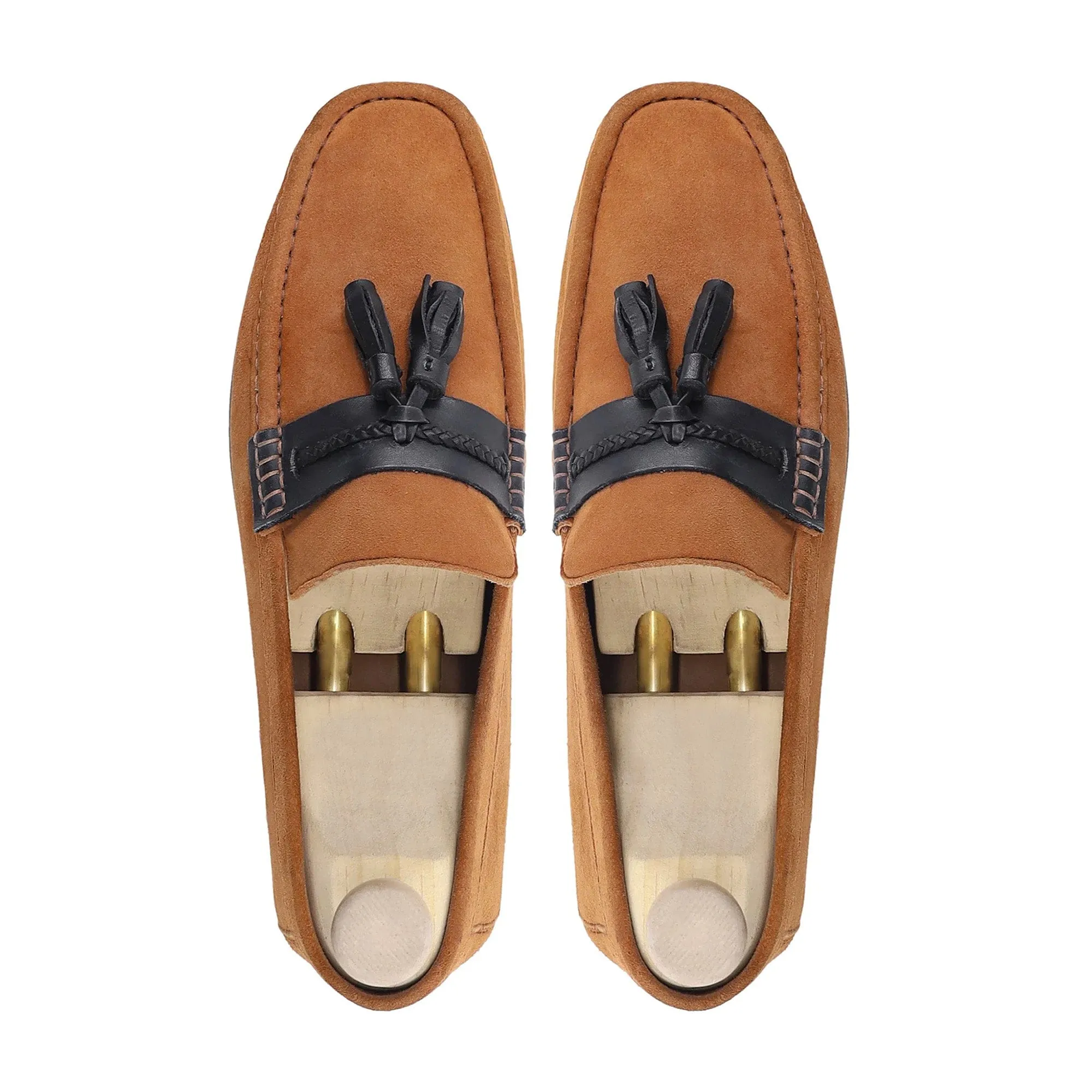 Handmade Custom Tan Suede and Black Calf Leather Mens Loafers