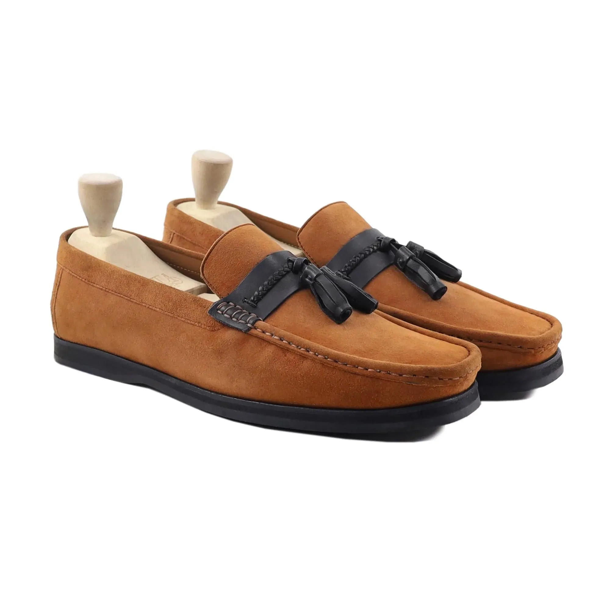 Handmade Custom Tan Suede and Black Calf Leather Mens Loafers