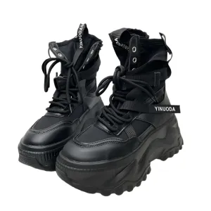 Luxury Platform Ankle Boots for Women - Breathable Chunky Designer Shoes with Cross Lace-Up Closure