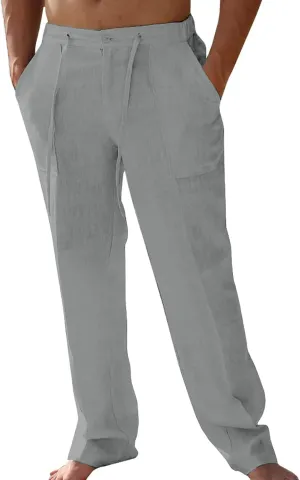 Mens Summer Casual Linen Pants Beach Elastic Drawstring Waistband Loose Fit Slacks with Pockets