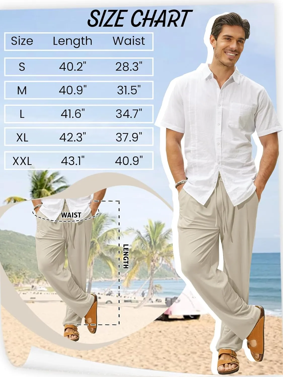 Mens Summer Casual Linen Pants Beach Elastic Drawstring Waistband Loose Fit Slacks with Pockets