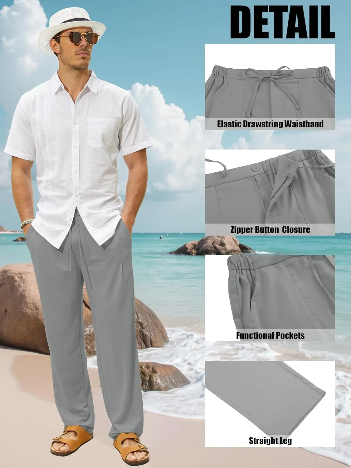 Mens Summer Casual Linen Pants Beach Elastic Drawstring Waistband Loose Fit Slacks with Pockets
