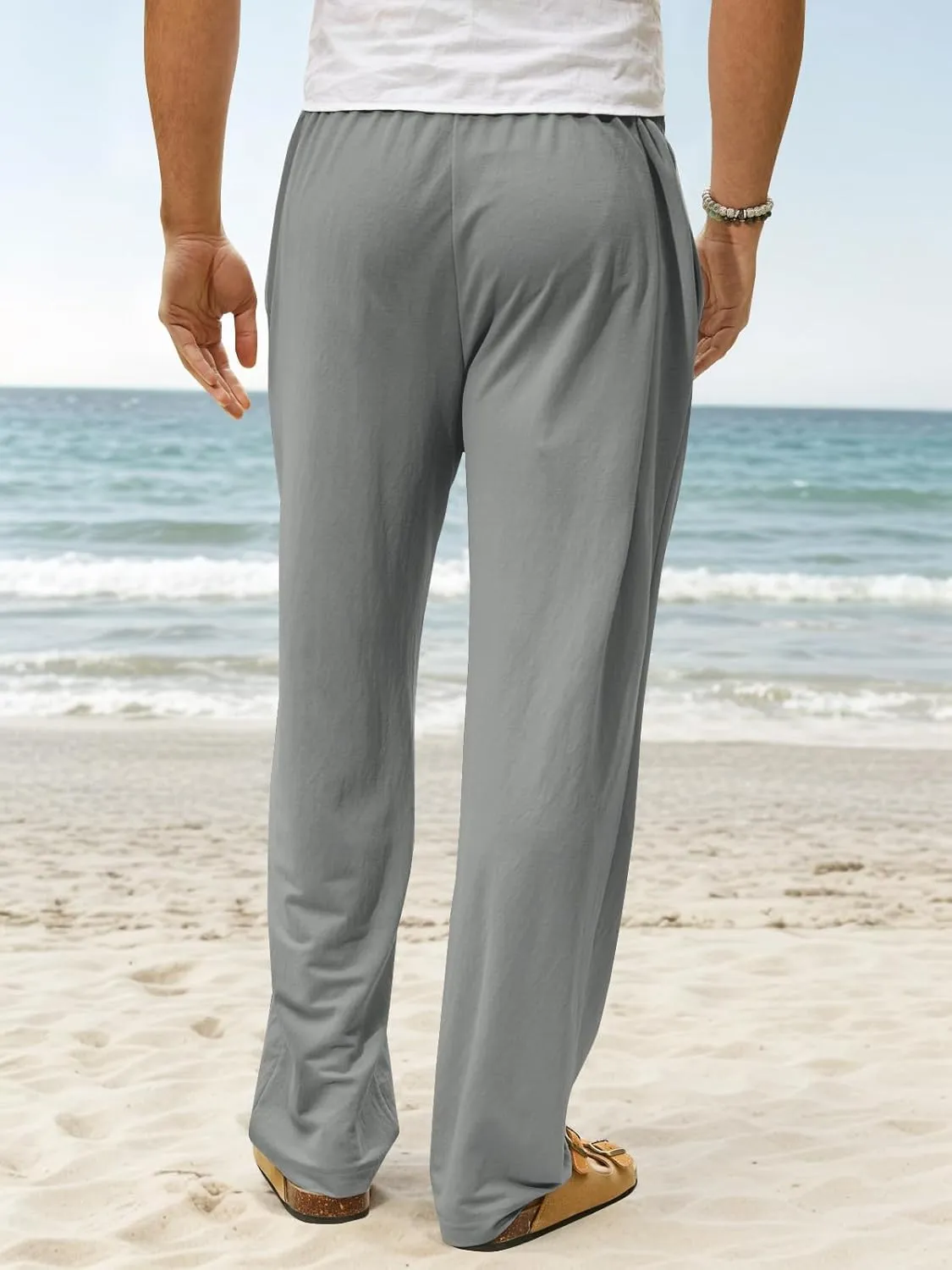 Mens Summer Casual Linen Pants Beach Elastic Drawstring Waistband Loose Fit Slacks with Pockets