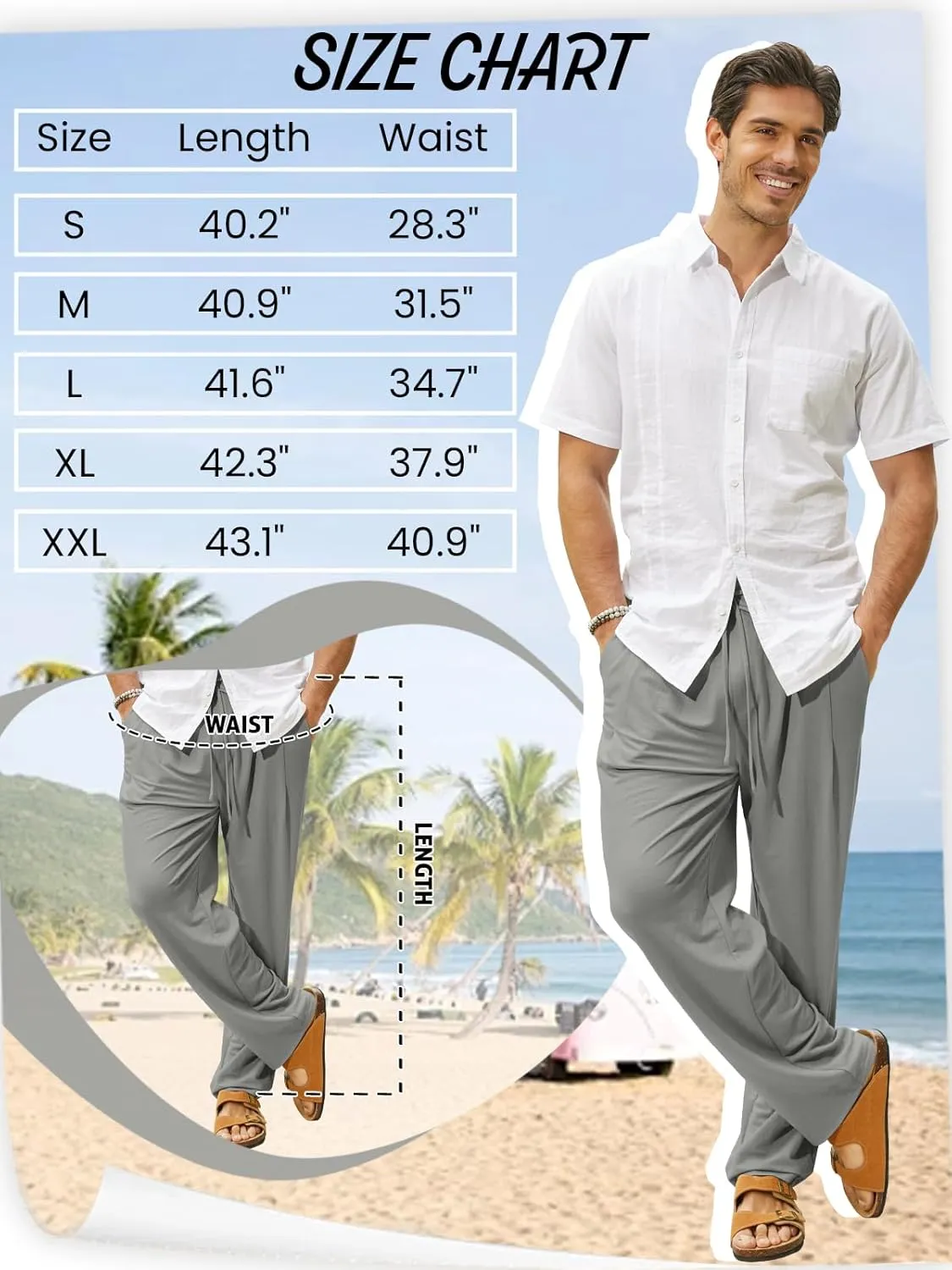 Mens Summer Casual Linen Pants Beach Elastic Drawstring Waistband Loose Fit Slacks with Pockets