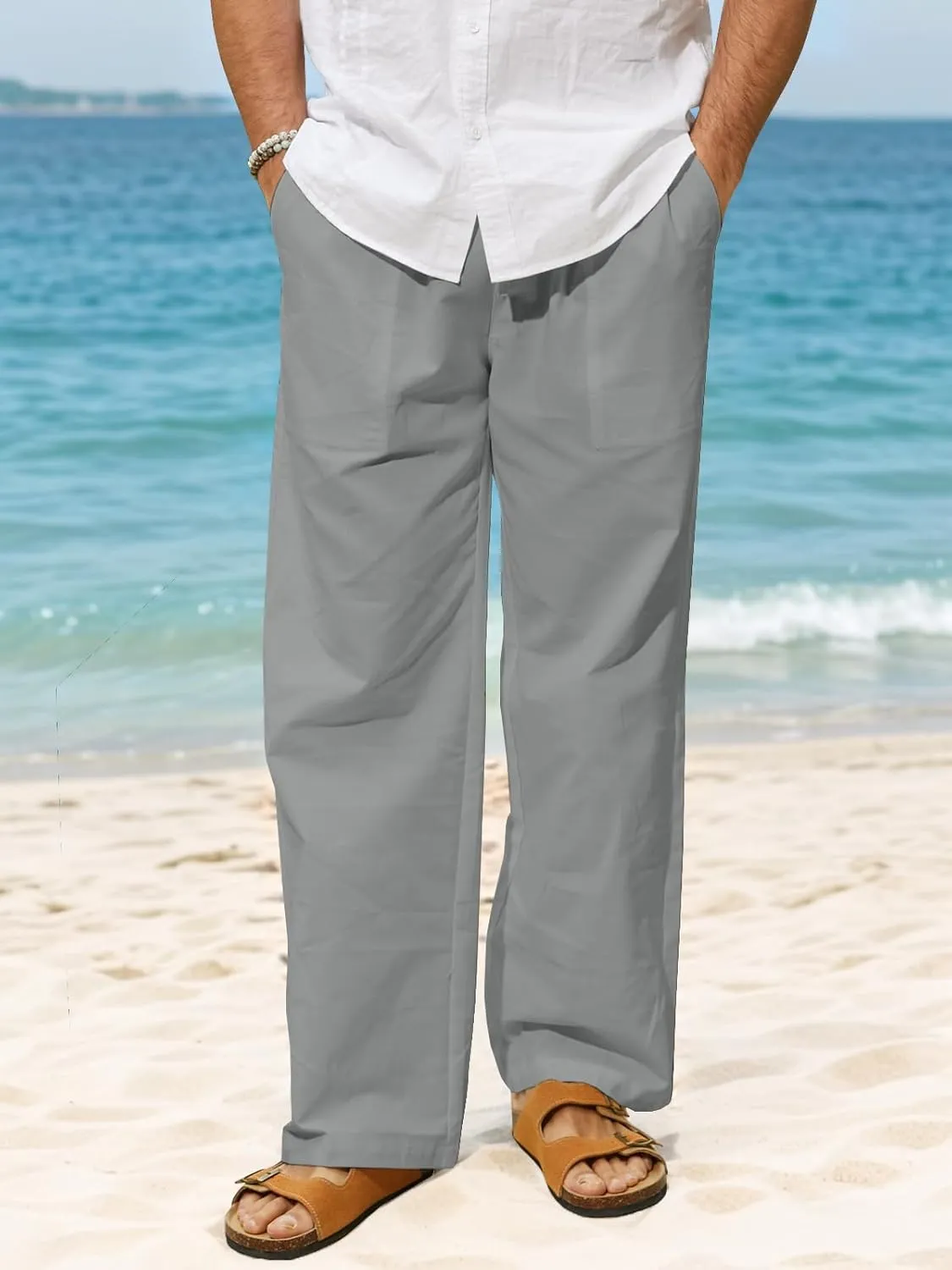 Mens Summer Casual Linen Pants Beach Elastic Drawstring Waistband Loose Fit Slacks with Pockets