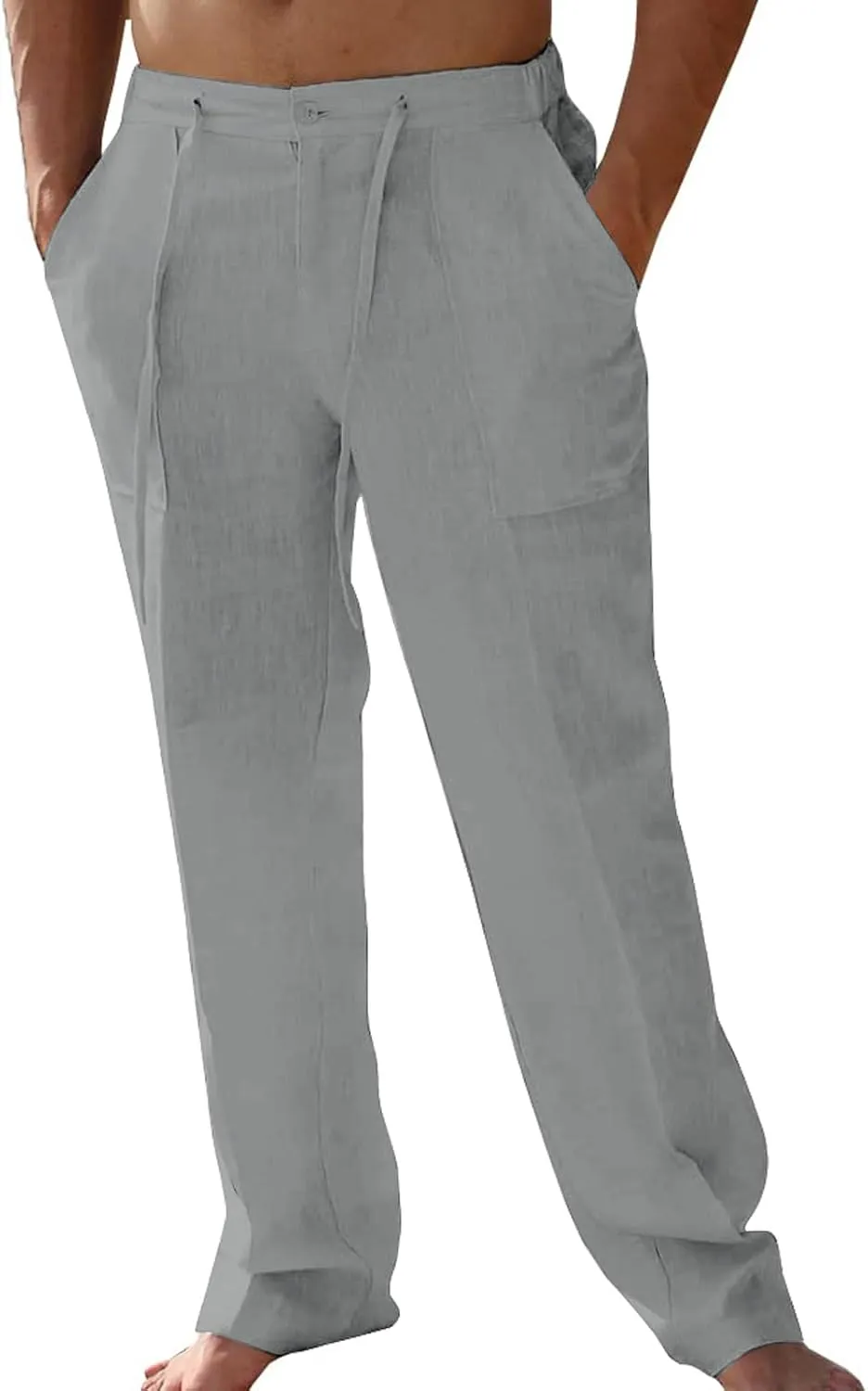 Mens Summer Casual Linen Pants Beach Elastic Drawstring Waistband Loose Fit Slacks with Pockets