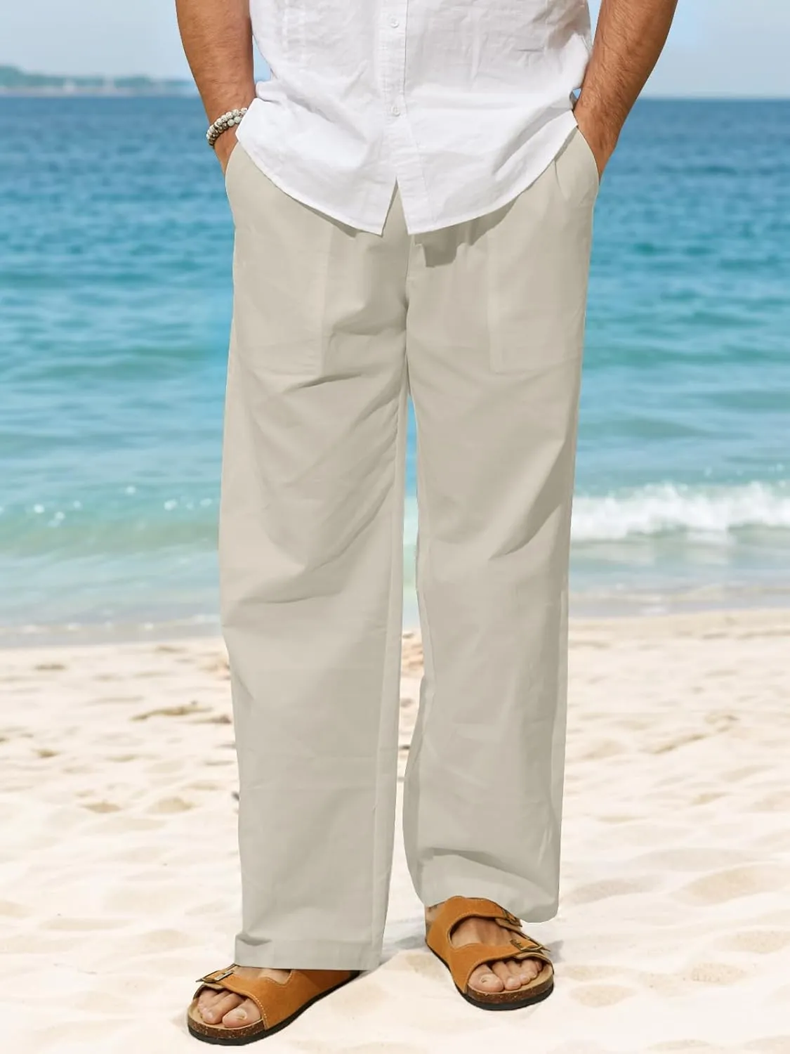 Mens Summer Casual Linen Pants Beach Elastic Drawstring Waistband Loose Fit Slacks with Pockets