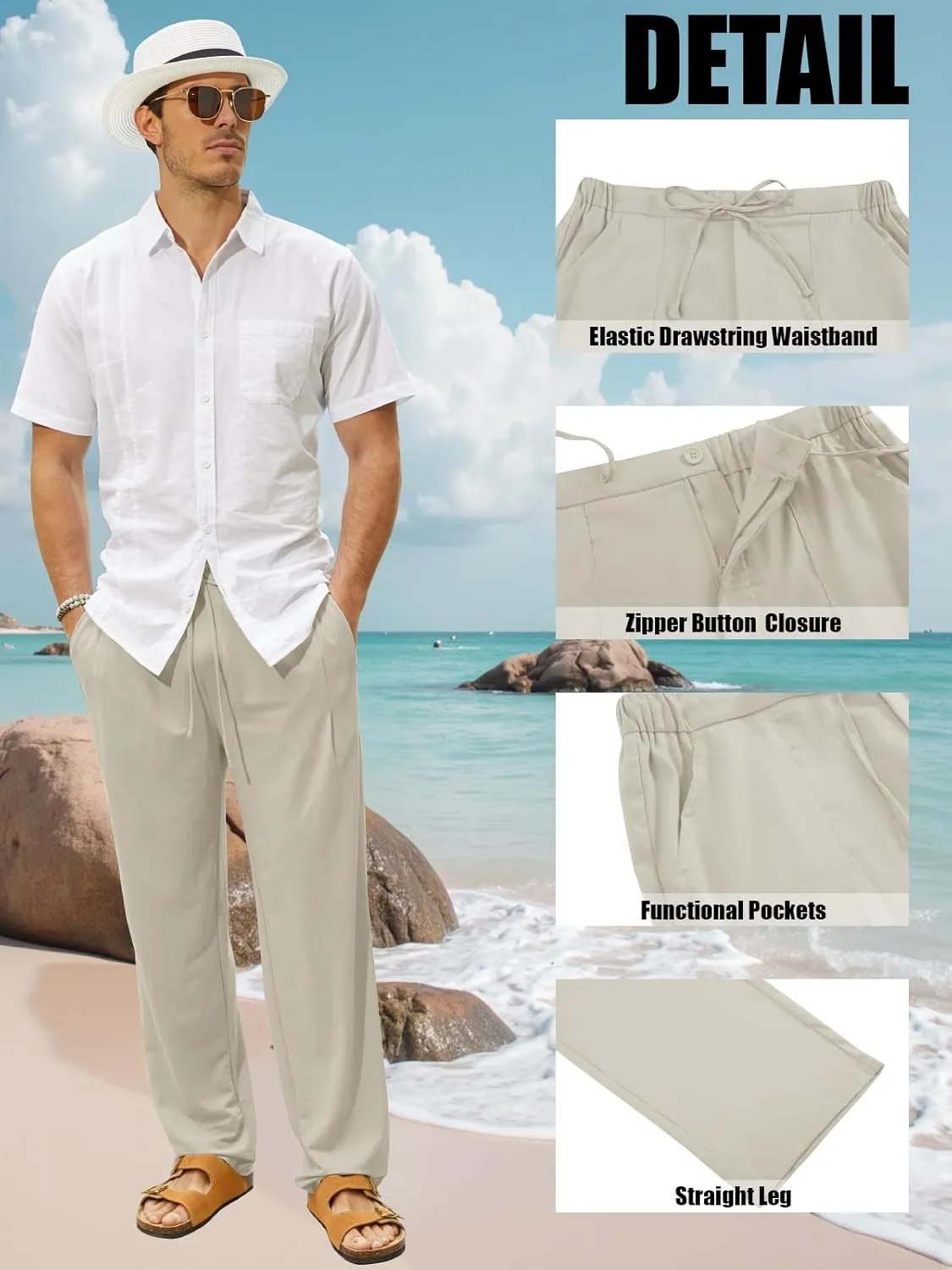 Mens Summer Casual Linen Pants Beach Elastic Drawstring Waistband Loose Fit Slacks with Pockets