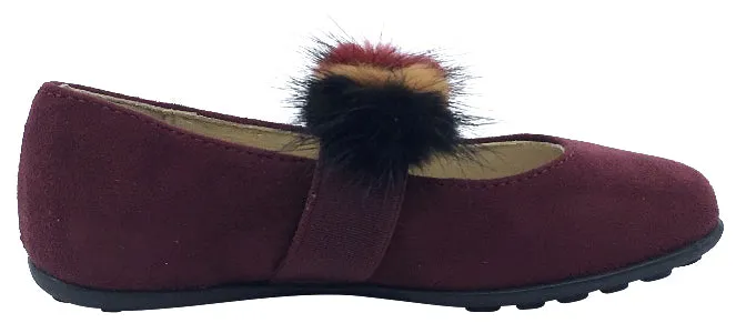 Naturino Girl's Faux Fur Pom Pom Slip-On Elastic Band Mary Jane Flat, Burgundy Suede