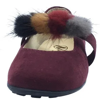 Naturino Girl's Faux Fur Pom Pom Slip-On Elastic Band Mary Jane Flat, Burgundy Suede