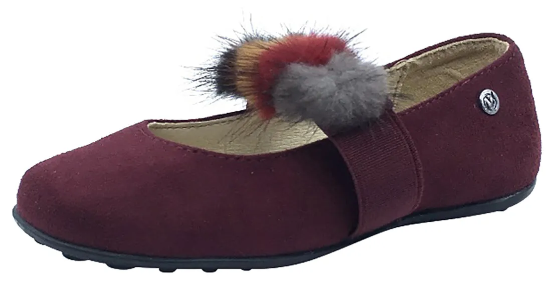 Naturino Girl's Faux Fur Pom Pom Slip-On Elastic Band Mary Jane Flat, Burgundy Suede