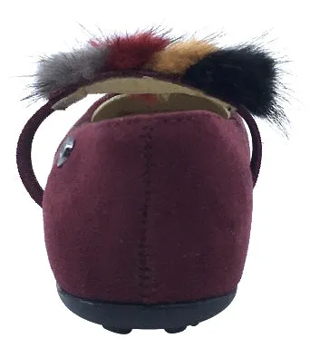 Naturino Girl's Faux Fur Pom Pom Slip-On Elastic Band Mary Jane Flat, Burgundy Suede