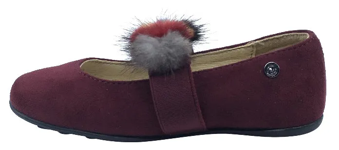 Naturino Girl's Faux Fur Pom Pom Slip-On Elastic Band Mary Jane Flat, Burgundy Suede