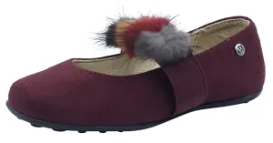 Naturino Girl's Faux Fur Pom Pom Slip-On Elastic Band Mary Jane Flat, Burgundy Suede