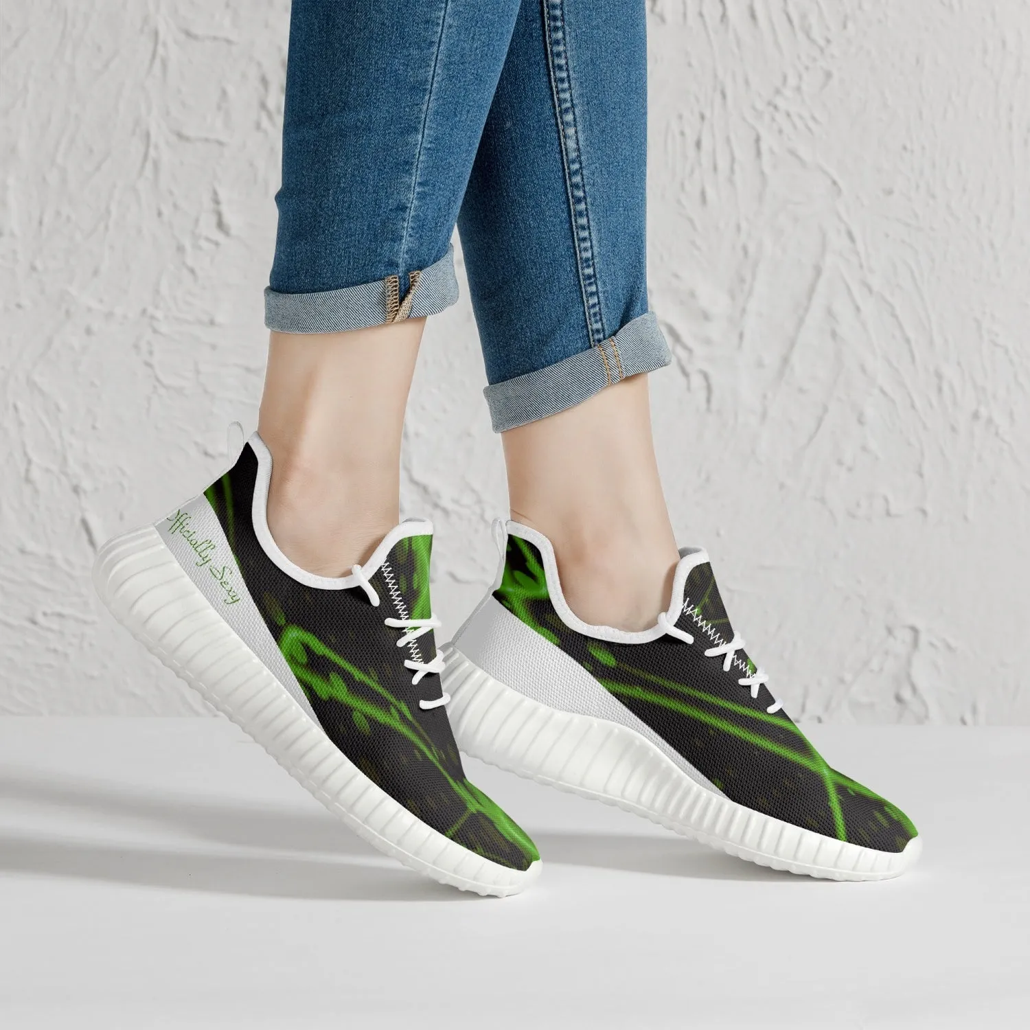 Officially Sexy Green & White Laser Print Mesh Knit Sneakers - With White or Black Sole