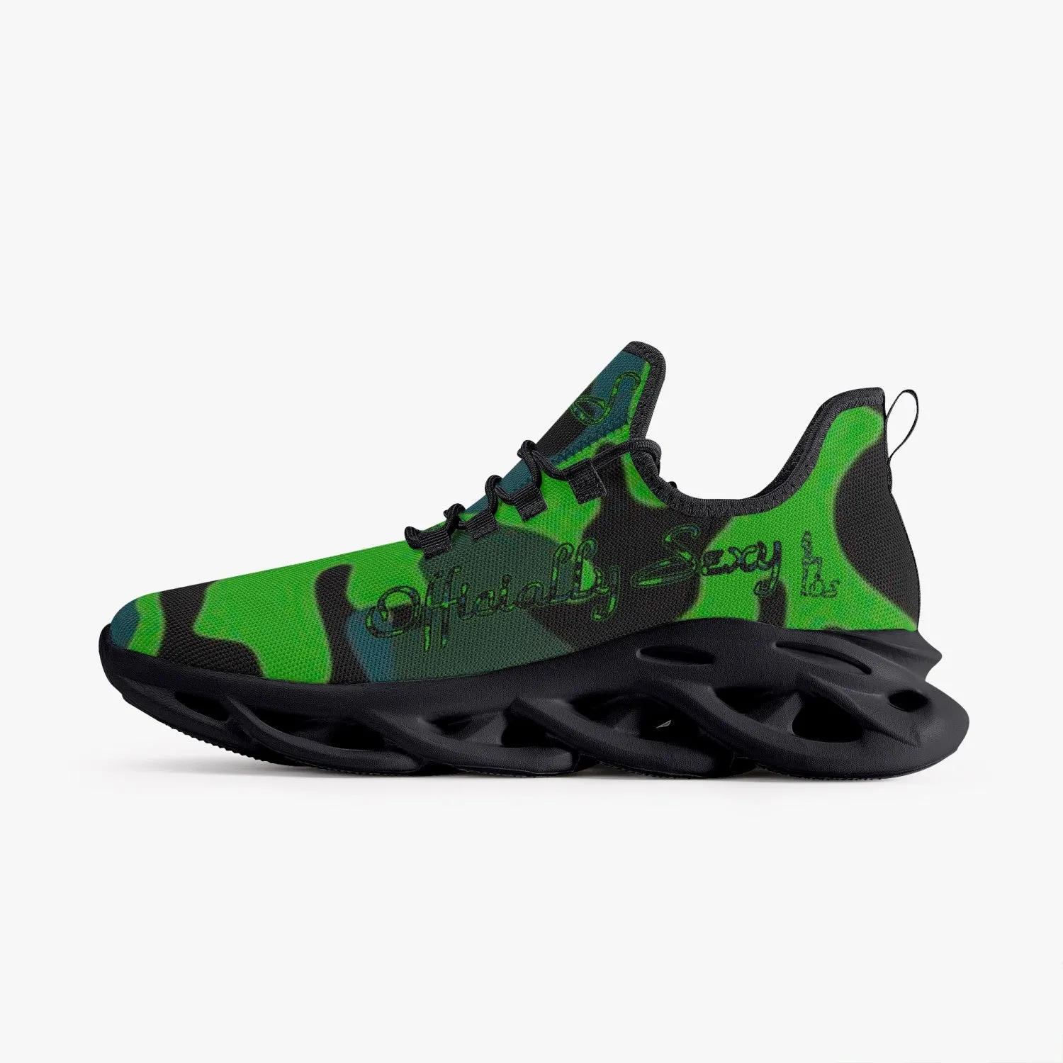 Officially Sexy Green Army Camouflage Collection Bounce Mesh Knit Sneakers - Black