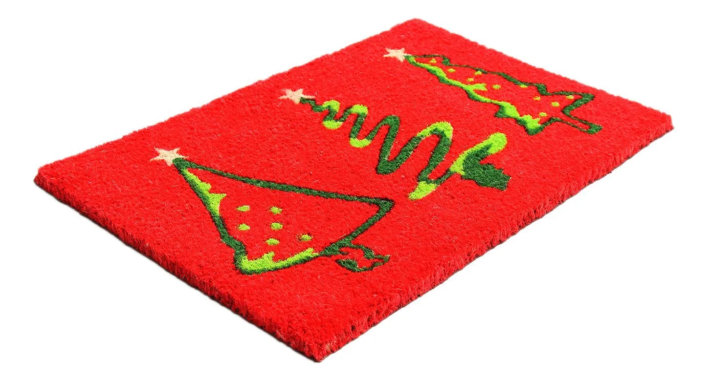 OnlyMat Stylish Christmas Xmas Tree Printed Red Color Natural Coir Door Mat