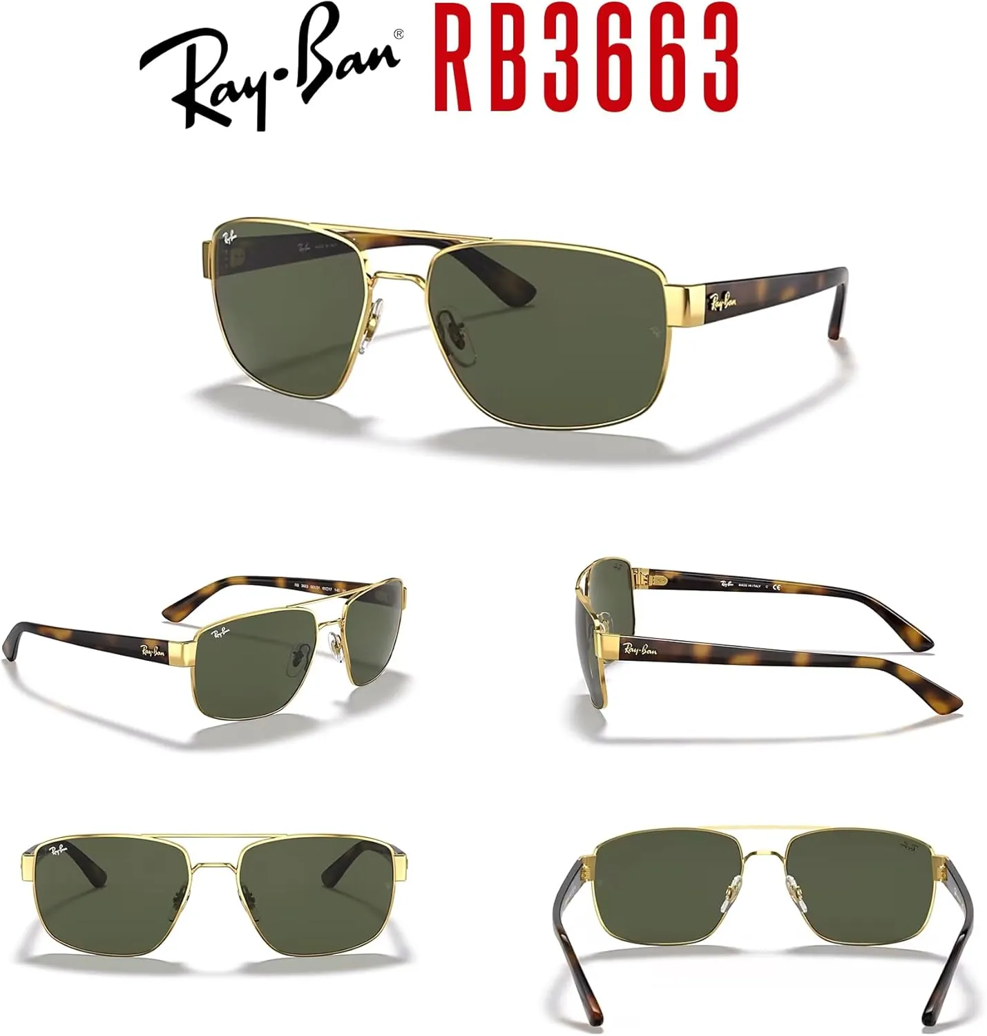 Ray-Ban RB3663 Rectangle Sunglasses for Men   BUNDLE With Designer iWear Complimentary Eyewear Kit