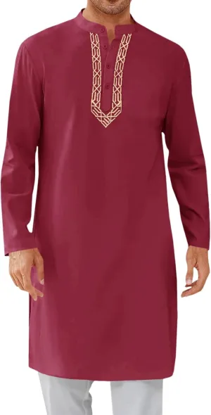 Runcati Mens Kaftan Thobe Button Down Casual Henley Shirts Long Sleeve Robe Cotton Linen Muslim Gown Shirt
