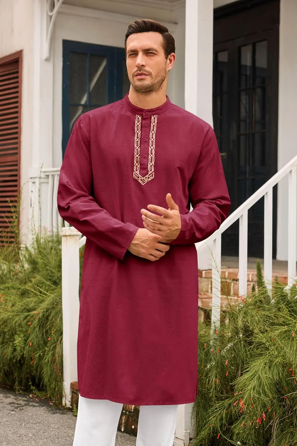 Runcati Mens Kaftan Thobe Button Down Casual Henley Shirts Long Sleeve Robe Cotton Linen Muslim Gown Shirt
