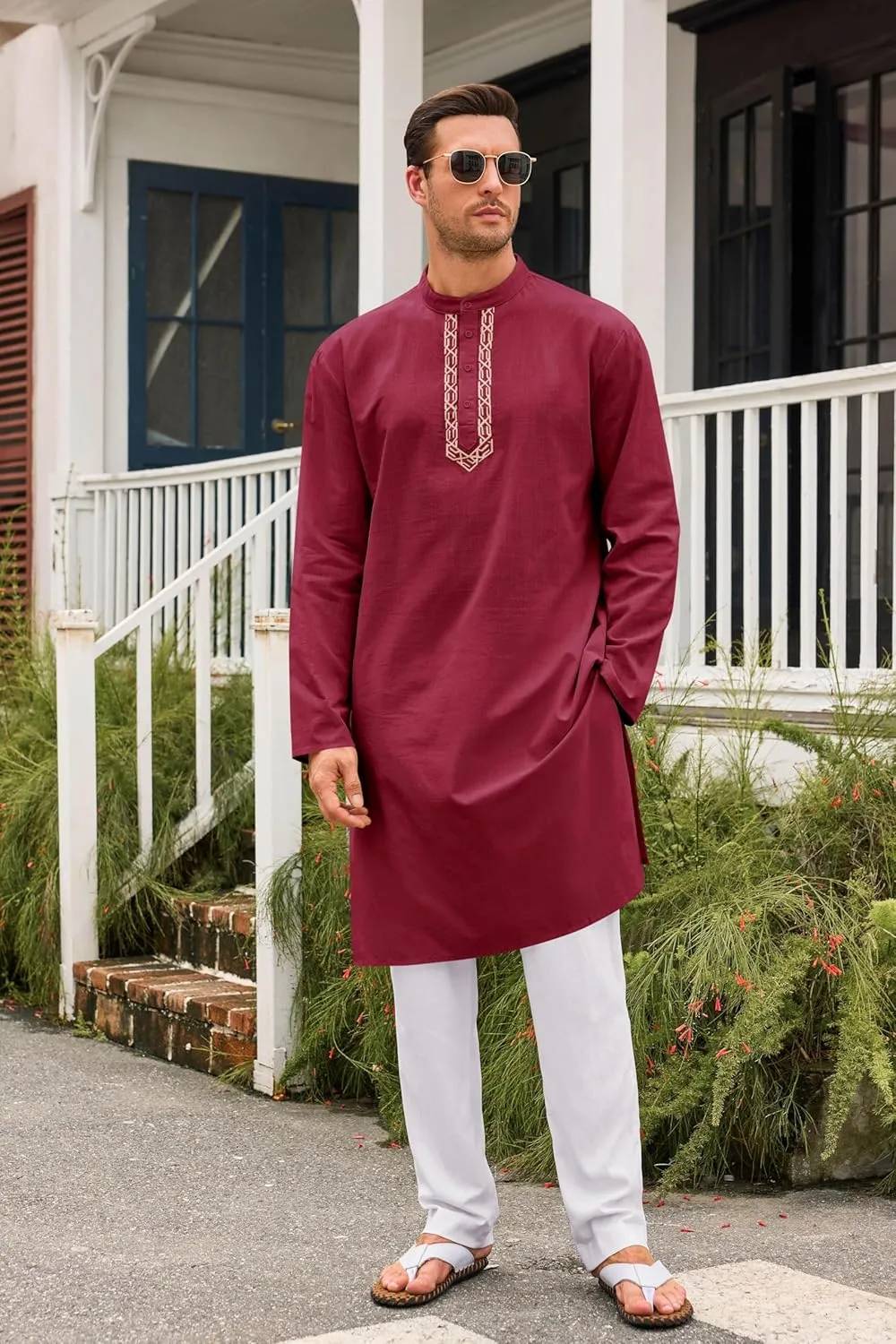 Runcati Mens Kaftan Thobe Button Down Casual Henley Shirts Long Sleeve Robe Cotton Linen Muslim Gown Shirt