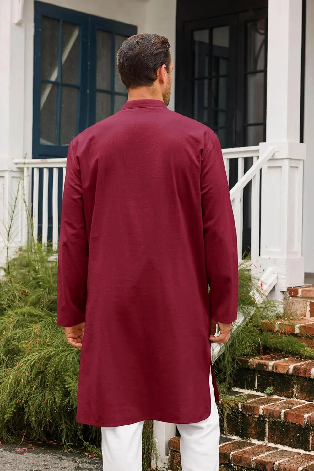 Runcati Mens Kaftan Thobe Button Down Casual Henley Shirts Long Sleeve Robe Cotton Linen Muslim Gown Shirt