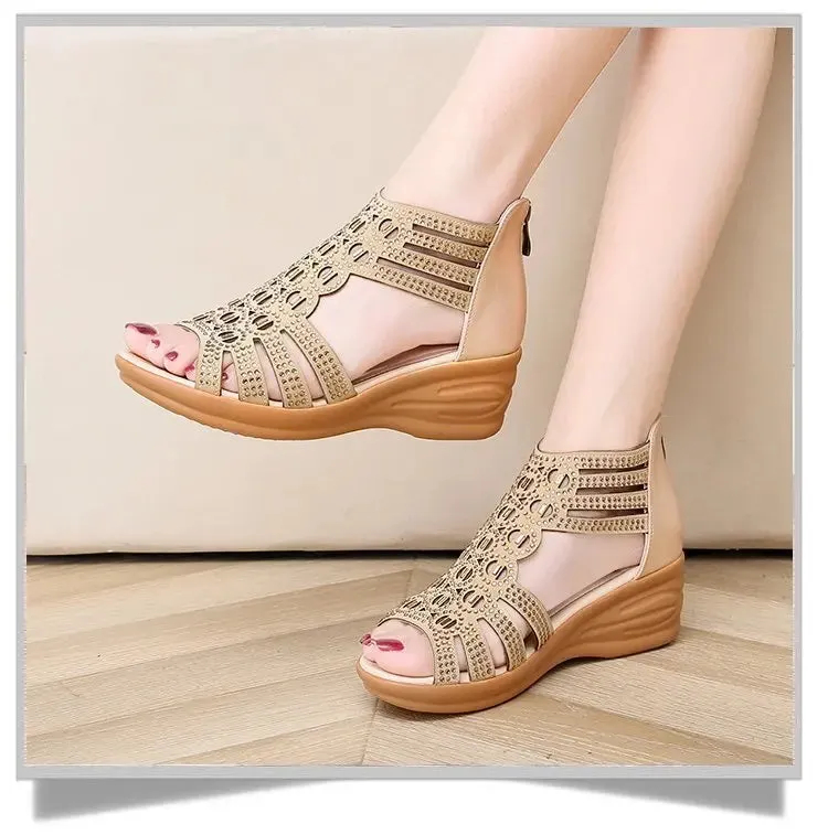 Soft Leather Roman Sandals for Women - Summer Wedge Gladiator Shoes with Soft Sole