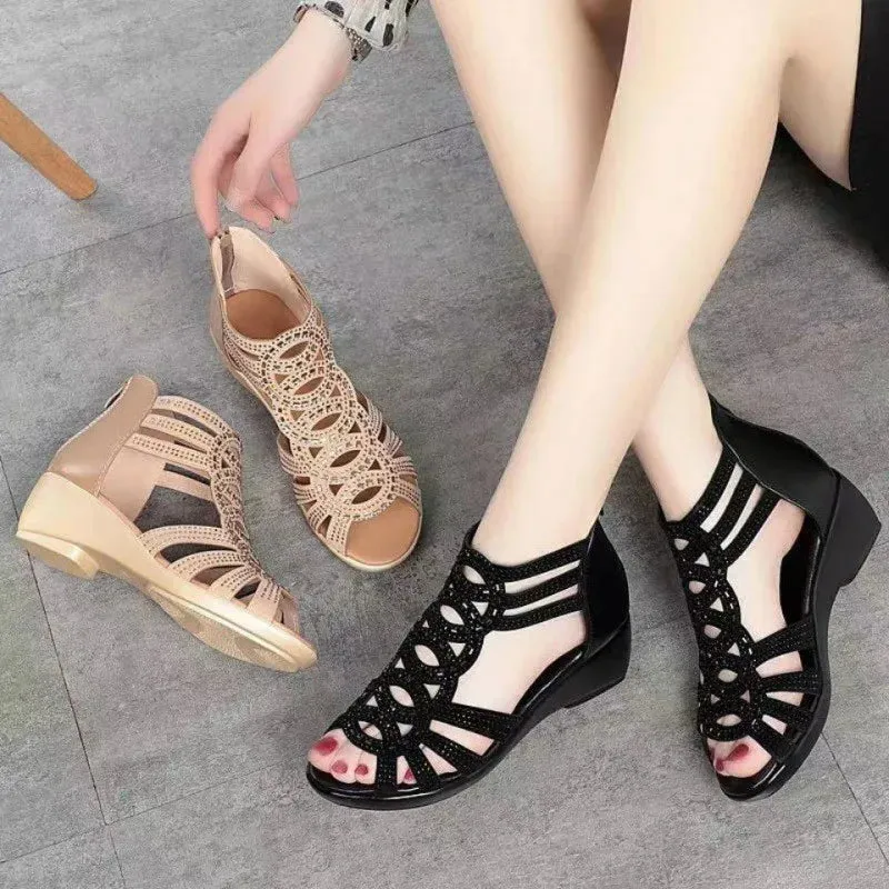 Soft Leather Roman Sandals for Women - Summer Wedge Gladiator Shoes with Soft Sole