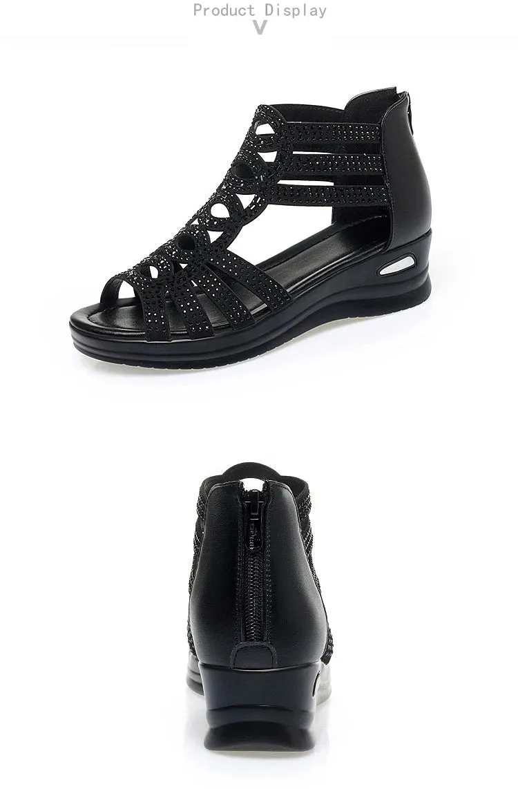 Soft Leather Roman Sandals for Women - Summer Wedge Gladiator Shoes with Soft Sole
