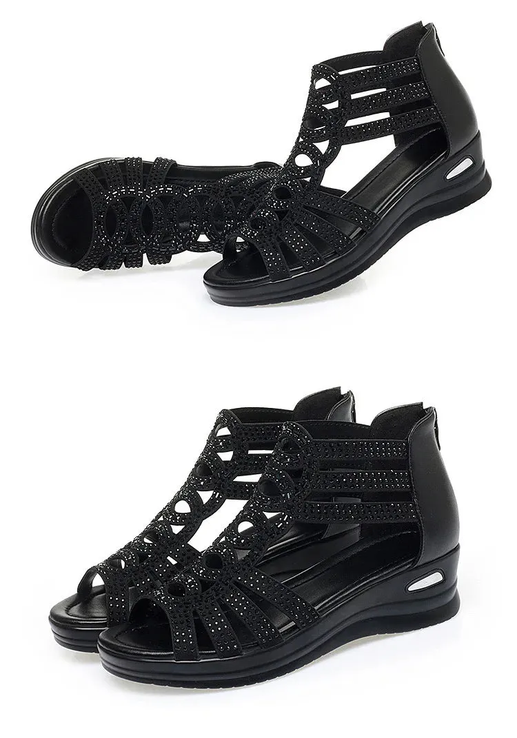 Soft Leather Roman Sandals for Women - Summer Wedge Gladiator Shoes with Soft Sole