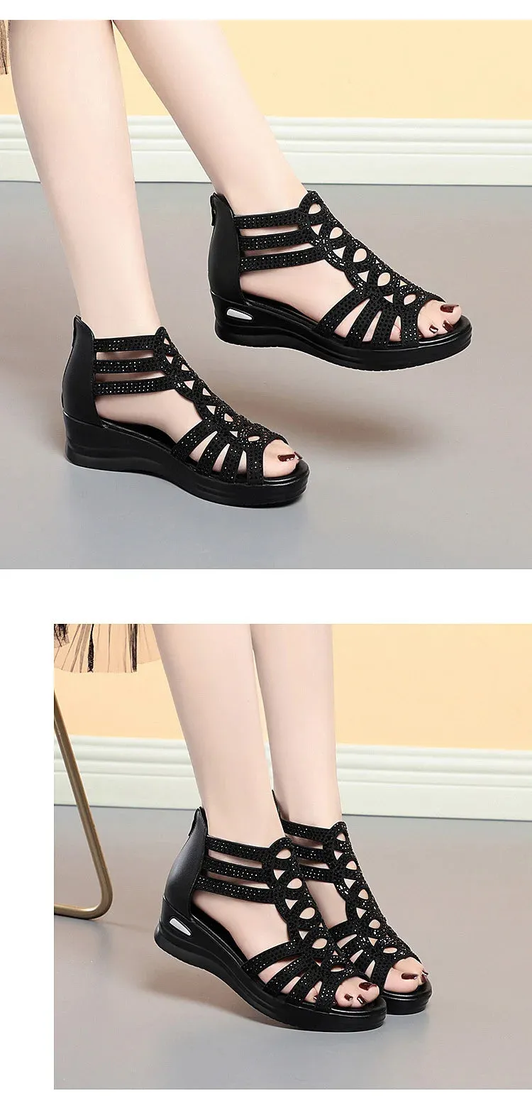 Soft Leather Roman Sandals for Women - Summer Wedge Gladiator Shoes with Soft Sole