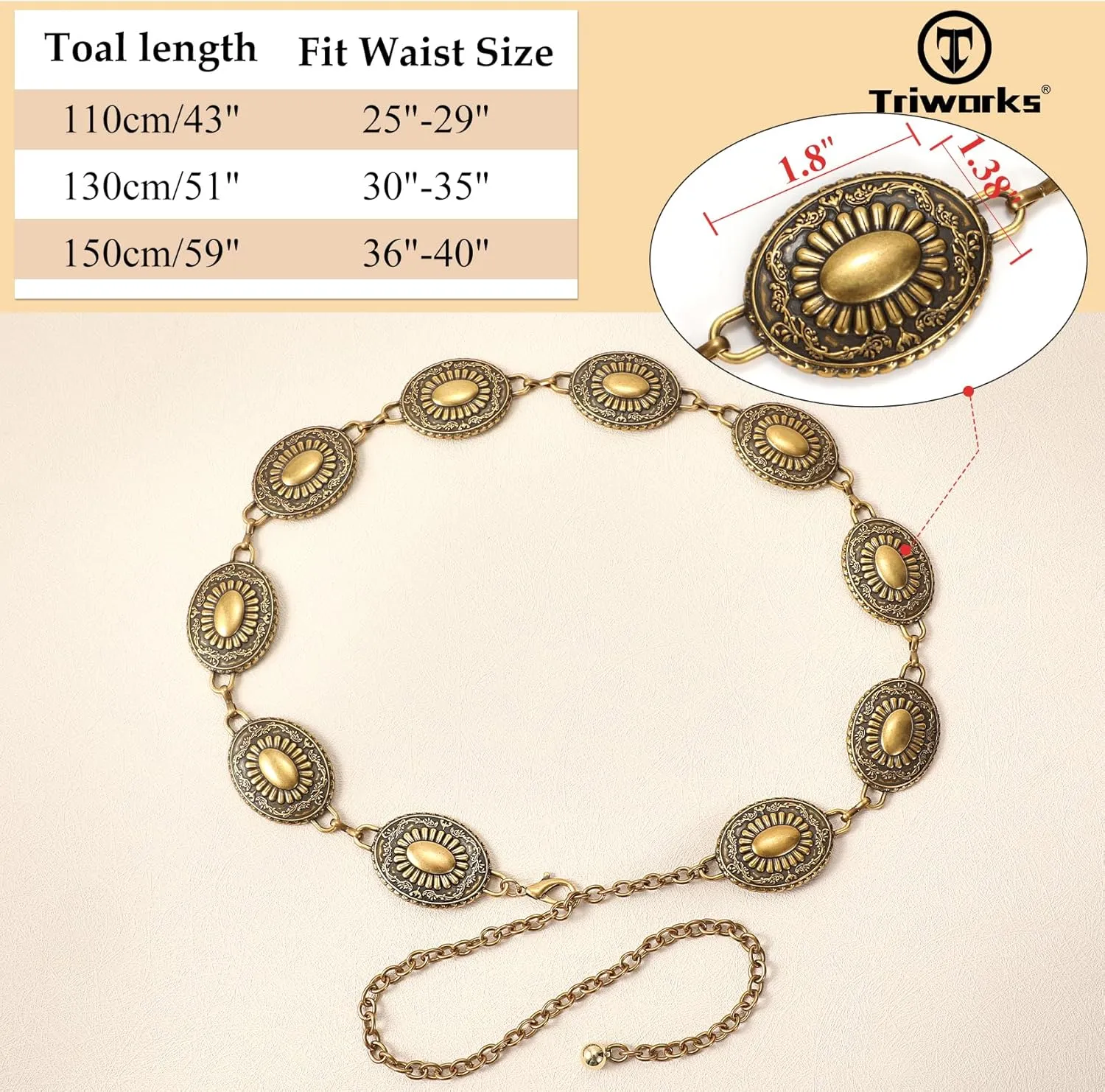Western Belts for Women, Cowgirl Gold Chain Belt, Metal Concho Belts for women Dresses Jeans Country Concert Outfit