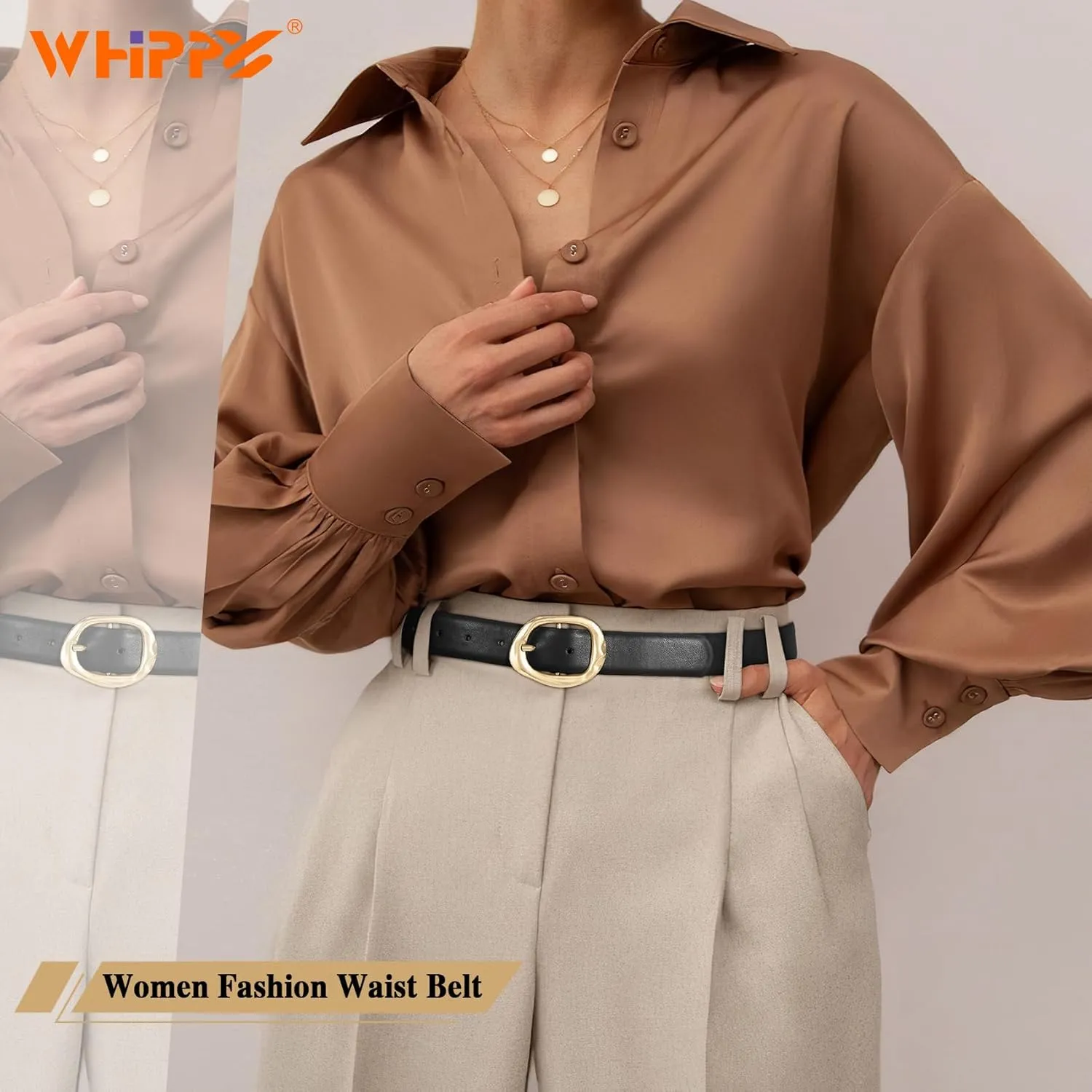WHIPPY Leather Belt for Women Casual Waist Belt with Gold Buckle Fashion Ladies Belt for Jeans Pants Dress
